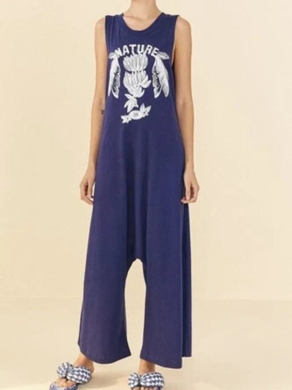 Farm Rio Navy Blue Nature Organic Cotton Jumpsuit Women Size L
